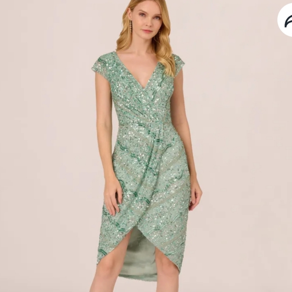 Adrianna Papell Sleeveless Icy Sage Geen Mint Beaded Mesh Dress Cocktail